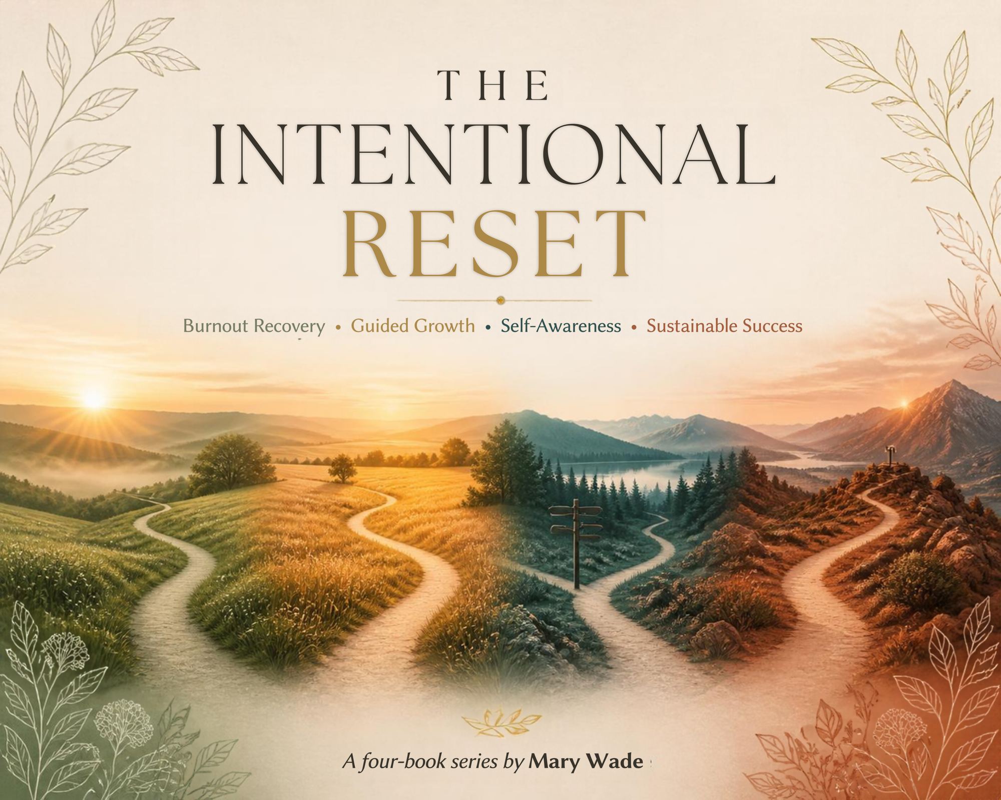 The Intentional Reset, a four-book series by Mary Wade: four winding paths through meadow, forest and mountain at sunrise, labeled Burnout Recovery, Guided Growth, Self-Awareness and Sustainable Success.